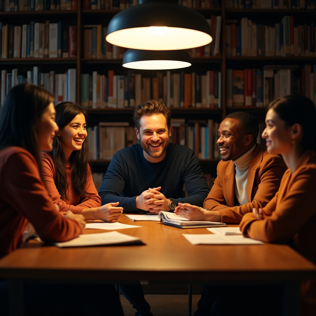 Grupo de adultos practicando idiomas en encuentro conversacional en Madrid