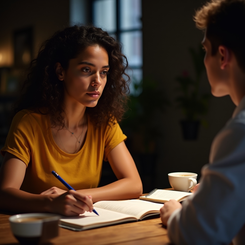 Dos personas en sesión de intercambio de idiomas en espacio de Zenphoria Digital