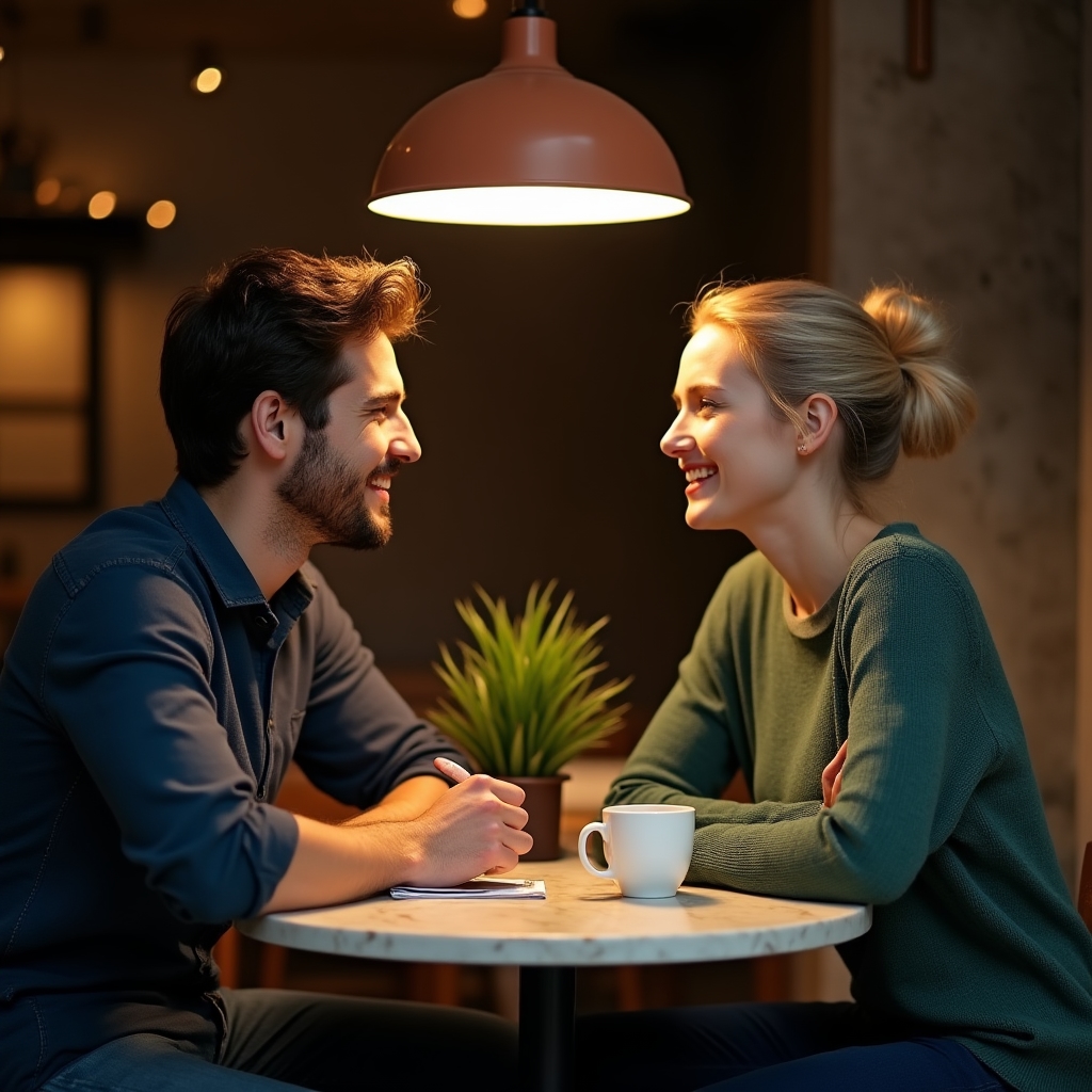 Pareja en intercambio de idiomas español-alemán en café de Madrid