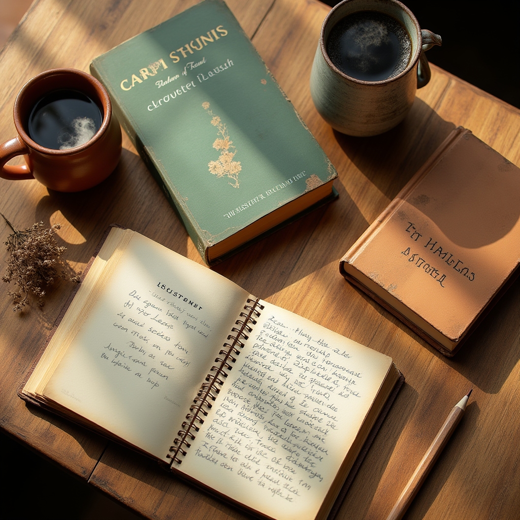 Libros de idiomas y materiales culturales sobre una mesa de madera